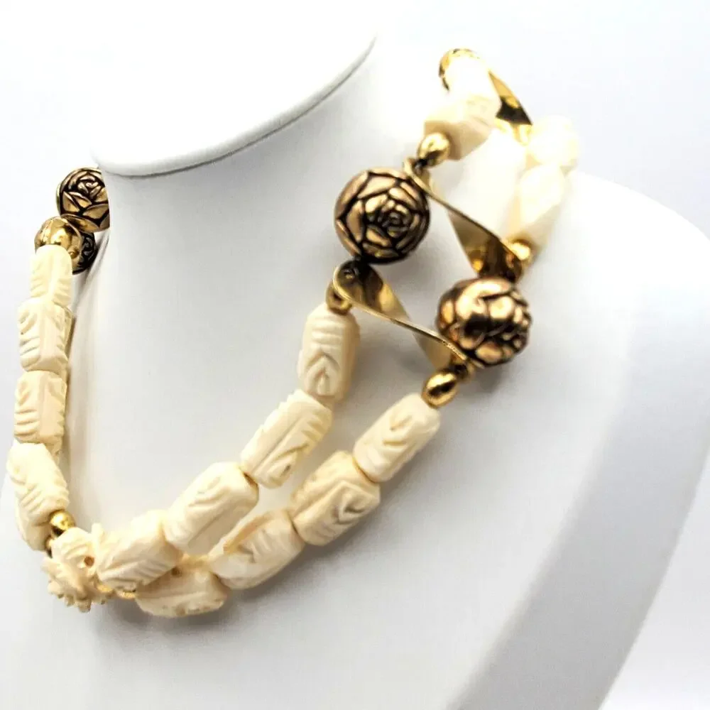 Acrylic Carved‎ Off White Beaded Choker Necklace Brass Tribal Boho Ethnic Rose
